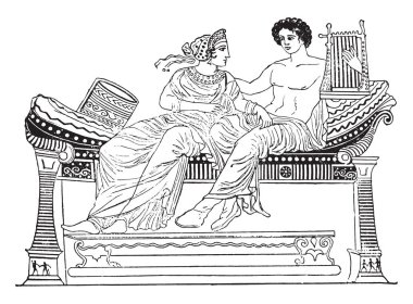 Daybed, vintage illüstrasyon kazınmış. Antik antika aile-1881, özel hayatı