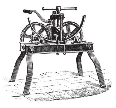 Tekerlekler daire ütüler, vintage oyulmuş illüstrasyon bükme makinesi. Endüstriyel ansiklopedi E.-O. Lami - 1875