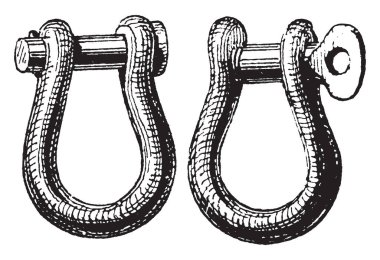 Çapa pranga olduğunu yay veya çatal iki göz ve bir screwbolt veya cıvata ve anahtar, vintage çizgi çizme veya oyma illüstrasyon.