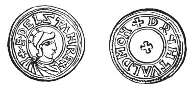 Bu resimde Athelstan, vintage çizgi çizme veya oyma illüstrasyon gümüş sikke temsil eder..