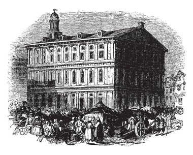 Faneuil hall Boston, Massachusetts yer alan ve Peter Faneuil, vintage çizgi çizme veya oyma illüstrasyon sonra adlı.