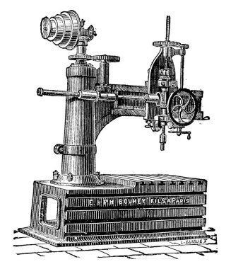 Radyal, vintage oyulmuş illüstrasyon delme makinesi. Endüstriyel ansiklopedi E.-O. Lami - 1875.