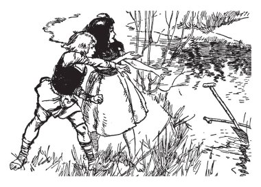 Gri ve Beyaz Kale, bu sahneyi iki çocuk bir şey mi arıyorsunuz su, arka plan, vintage çizgi çizme veya oyma illüstrasyon ağaçlarda gösterir