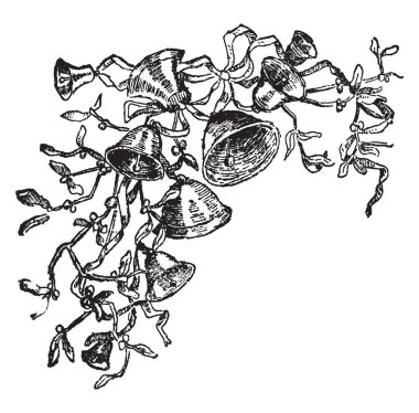 Dekoratif köşe kenarlık, vintage çizgi çizme veya oyma illüstrasyon kullanılan çan.