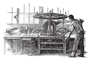 Basın, vintage illüstrasyon kazınmış. Endüstriyel ansiklopedi E.-O. Lami - 1875