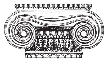 İyonik sermaye, Erechtheion, tasarım ve inşaat, Erechtheion veya Erekhtheion, vintage çizgi çizme veya oyma illüstrasyon.