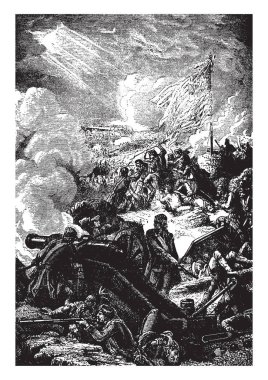 Zincire bağlı ve teknede, onu, vintage çizgi çizme veya oyma illüstrasyon yürüyen askerler getting bir adam