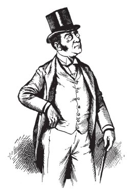 Silindir şapka ve baston, vintage çizgi çizme veya oyma illüstrasyon bir adamla