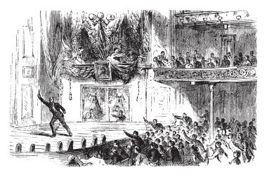 Lincoln suikast John Wilkes Booth, vintage çizgi çizme veya oyma illüstrasyon Ford Tiyatrosu'nda.