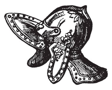 Sadece baş veya kulakları ve boyun, vintage çizgi çizme veya oyma illüstrasyon kask, açık olan kapsar.