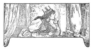 Kraliçe ile ayna ve ayna, vintage çizgi çizme veya oyma illüstrasyon muhafaza kutusu bakarak taç