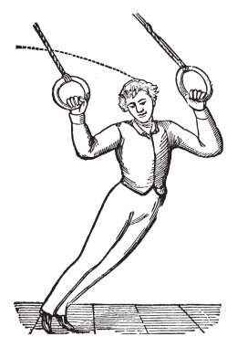 Çocuk kendini bir noktada hava, vintage çizgi çizme veya oyma illüstrasyon hareketli tutmak elle tutarak halkada egzersiz.