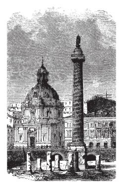 Trajan'ın sütun, İmparator, onuruna bir anıt Roma'da bulunan, sürekli kısma tasarım, vintage çizgi çizme veya oyma illüstrasyon sütundur.