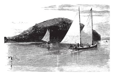 Balıkçılık balık, vintage çizgi çizme veya oyma illüstrasyon yakalamaya çalışıyor faaliyettir.