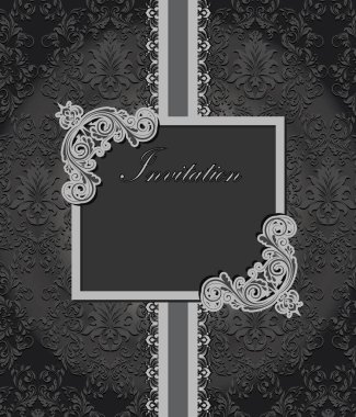 Vintage davetiye süslü zarif retro soyut çiçek tasarım, gri çiçek ve yaprak çizgili şerit ve kart metin etiketi ile siyah arka plan üzerine. Vektör çizim