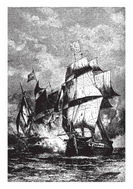 Belle Poule olan Arethusa ve Arethusa, vintage çizgi çizme veya oyma illüstrasyon.