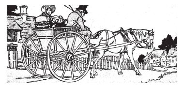 David Copperfield ve küçük Em'ly, bu sahneyi üç insanlar arka plan, vintage çizgi çizme veya oyma illüstrasyon evlerde atlı arabası ile gösterir