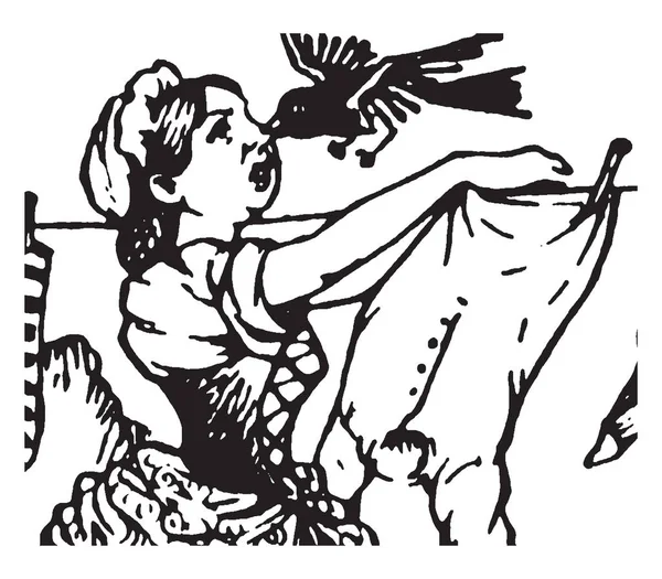 Maid, this scene shows maid hanging clothes on rope, a bird came down and snapped off her nose,  vintage line drawing or engraving illustration