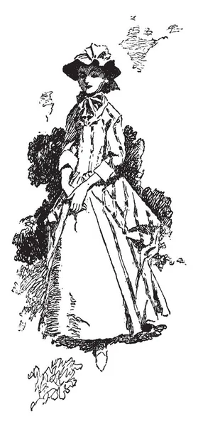 Eine Frau Kleid Mit Hut Auf Dem Kopf Vintage Linienzeichnung — Stockvektor