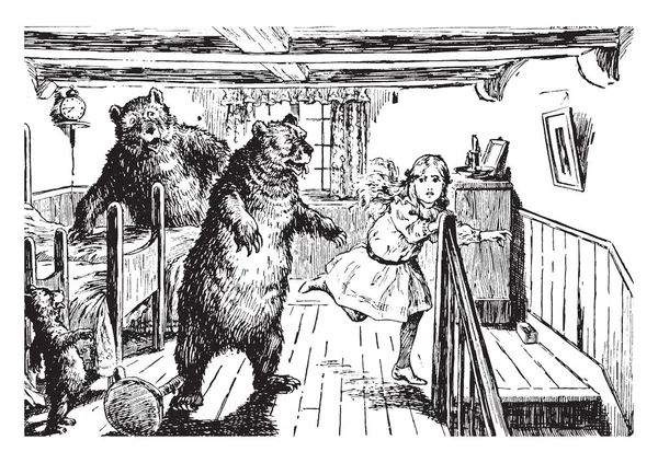 Златовласка Этой Фотографии Три Медведя Комнате Испуганная Маленькая Девочка Убегает — стоковый вектор