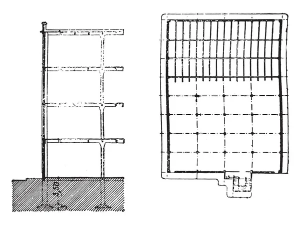 Section Bâtiment Plan Filature Illustration Gravée Vintage Encyclopédie Industrielle Lami — Image vectorielle