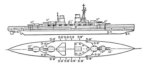 辛登堡德国海军战舰于1915发射 在第一次世界大战期间使用 复古线条画或雕刻插图 — 图库矢量图片