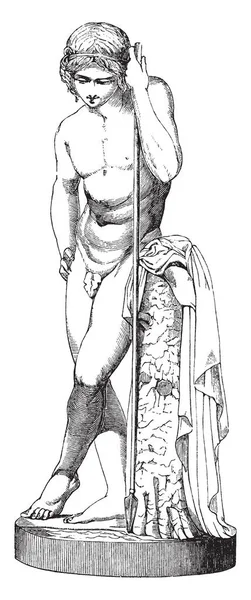 水仙雕像是希腊神话英雄 因其美丽 复古线条绘画或雕刻插图而闻名 — 图库矢量图片