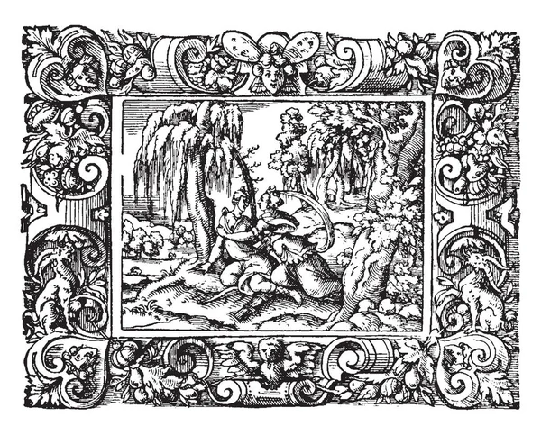 男とツリーの下に座っている女性と別の女性にビンテージの線画を見てやイラストを彫刻 — ストックベクタ