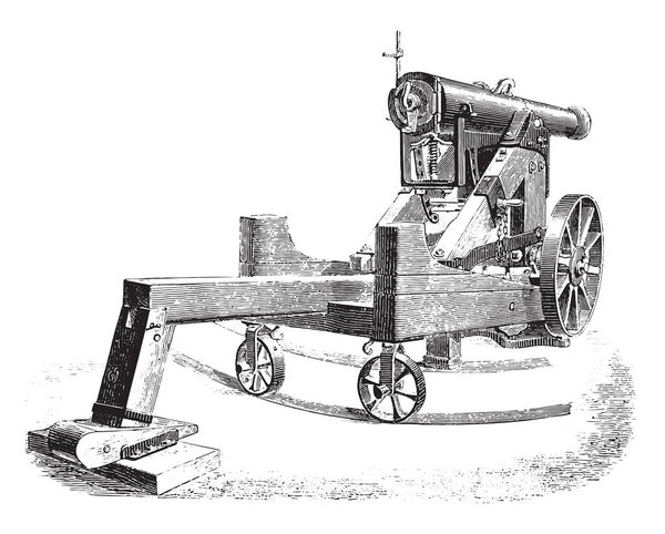 Cannon 138m/m on modified square lookout, vintage engraved illustration. Industrial encyclopedia E.-O. Lami - 1875