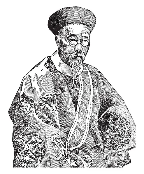 李洪昌是十九世纪最开明的中国政治家 是复古的线条绘画或雕刻插图 — 图库矢量图片