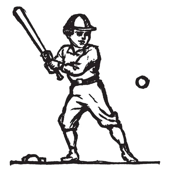 Kluk Hraje Baseball Chystá Zasáhnout Míč Vintage Kreslení Čar Nebo — Stockový vektor