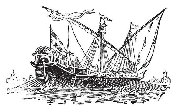 威尼斯人厨房是威尼斯共和国的海军 既作为护航和运输 复古线画或雕刻插图 — 图库矢量图片
