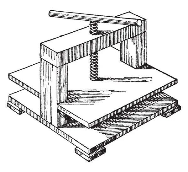 この図は 図形または金属 ビンテージの線描画や彫刻イラスト カットに使用するマシンの一種であるスクリュー プレス — ストックベクタ