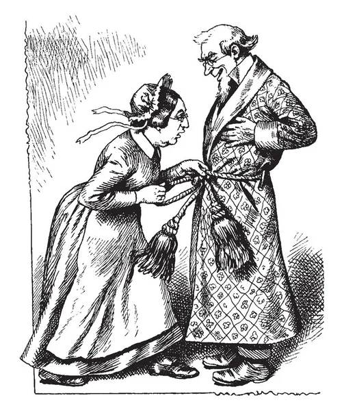 一个女人绑着站在她面前的男人的长袍 复古的线条画或雕刻插图 — 图库矢量图片