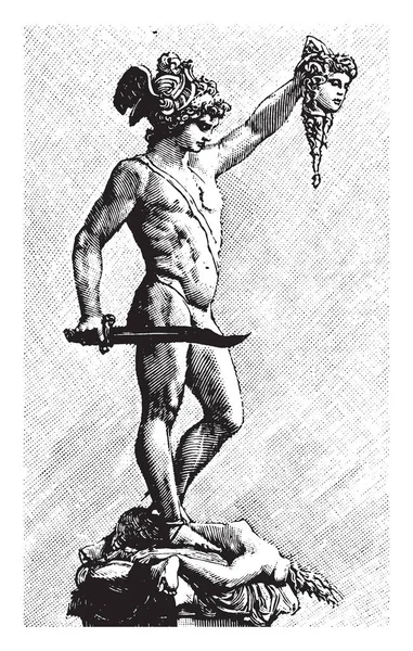 Perseus Escultura Segurando Uma Cabeça Decapitada Desenho Linha Vintage Gravura — Vetor de Stock