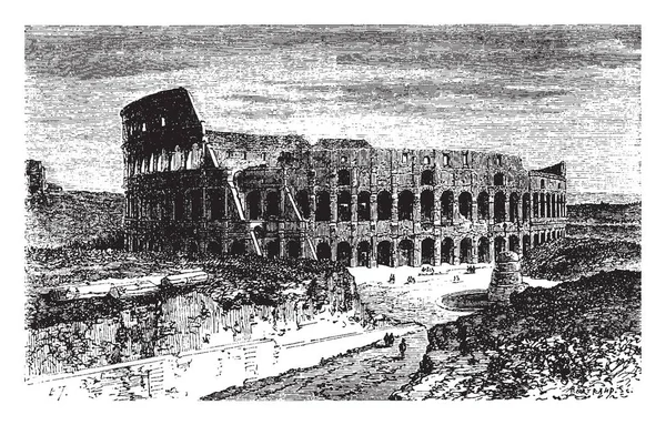 ローマのコロッセオは ローマ帝国の剣闘士コンテストや公共の眼鏡 ビンテージ線画や彫刻イラスト用に建てられた最大の楕円形 Amphitheate ローマにあります — ストックベクタ