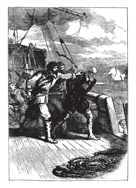 Piratas Obligando Hombre Abandonar Barco Trazado Líneas Vintage Ilustración Grabado — Archivo Imágenes Vectoriales