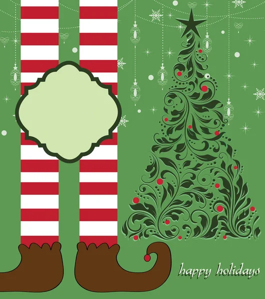 Happy Holidays Greeting Card Elf Feet Christmas Tree — Stock Vector