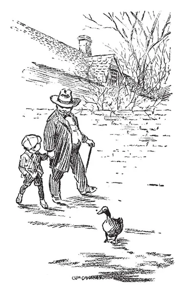 一个男人和男孩牵着手走在一起 复古线条画或雕刻插图 — 图库矢量图片