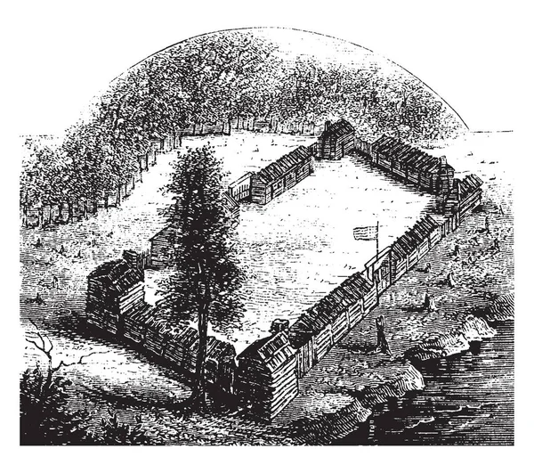 ブーンの砦 長い住宅の数は 長方形の広場の形で破棄されます ビンテージの線描画や彫刻イラスト — ストックベクタ