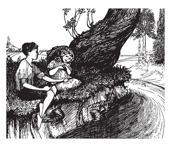 Дитинство Сцена Показує Маленького Хлопчика Дівчинку Сидить Біля Дерева Вінтажний — стоковий вектор