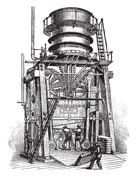 Иллюстрация Представляет Собой Машину Используемую Прессования Хлопка Винтажного Рисунка Линий — стоковый вектор