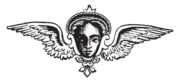 翼の頭のデザイン ヴィンテージ線画または彫刻の翼の中心に顔を持っています — ストックベクタ