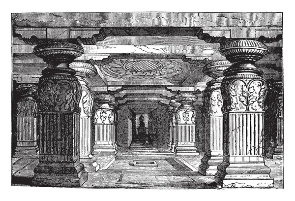 Interior Indra Sabha Ellora Two Storeyed Shrine Very Fine Carving — Stock Vector