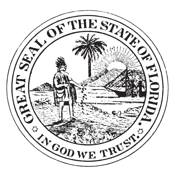Den Tidigare Stora Sigill Florida Seal Har Bonde Palmträd Solen — Stock vektor