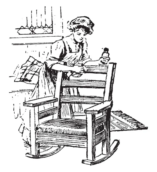 妇女抛光椅子与油 复古线条画或雕刻插图 — 图库矢量图片