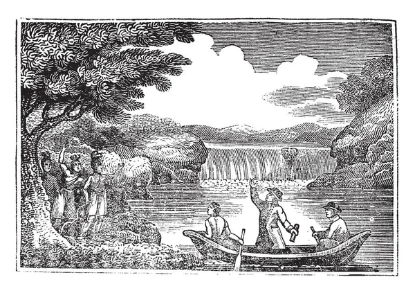 罗杰威廉姆斯谁是清教徒 英国改革的神学家穿越波塔基特河 复古线条画或雕刻插图 — 图库矢量图片