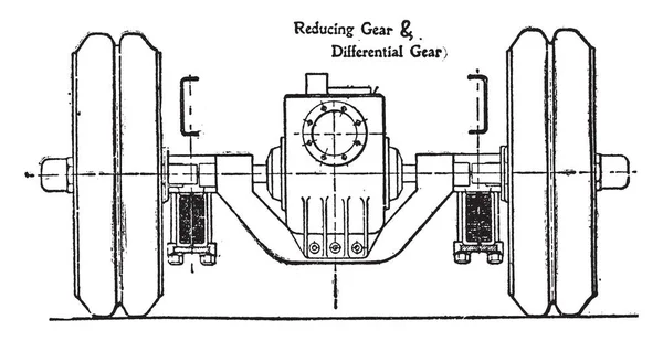 車軸のレイランド ガソリン ワゴンの中間ケーシング住宅削減し差動歯車機構 ビンテージの線描画や彫刻イラストをバックアップします — ストックベクタ