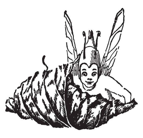 Эльф, сидящий на листе, пока он плавает в воздухе, рисунок винтажной линии или гравировка иллюстрации
