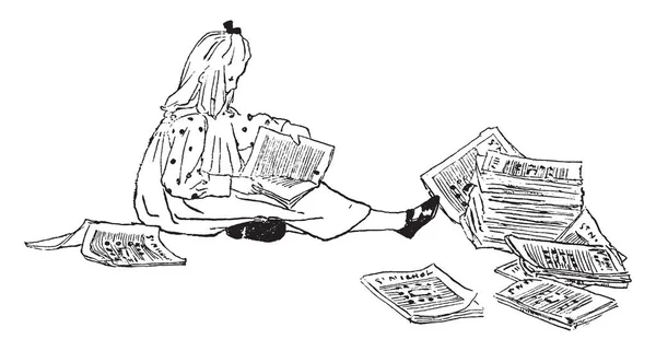 Kız Okuma Kitap Kız Dergiler Kağıt Roman Vintage Çizgi Çizme — Stok Vektör